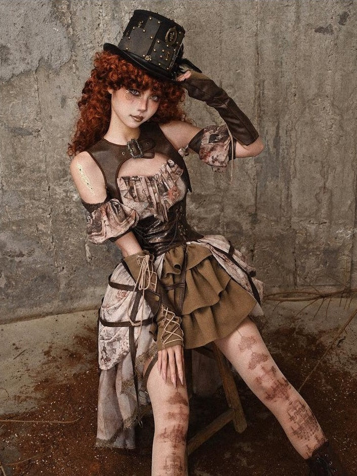 BLOOD SUPPLY Birdcage Steampunk Retro Design Women's Distressed Pu Corsets