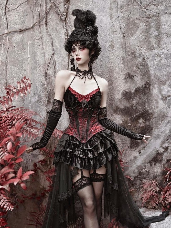 BLOOD SUPPLY Gothic Velvet Boned Corset Spaghetti Strap Women's Polyester Jsk / Jumper Skirts