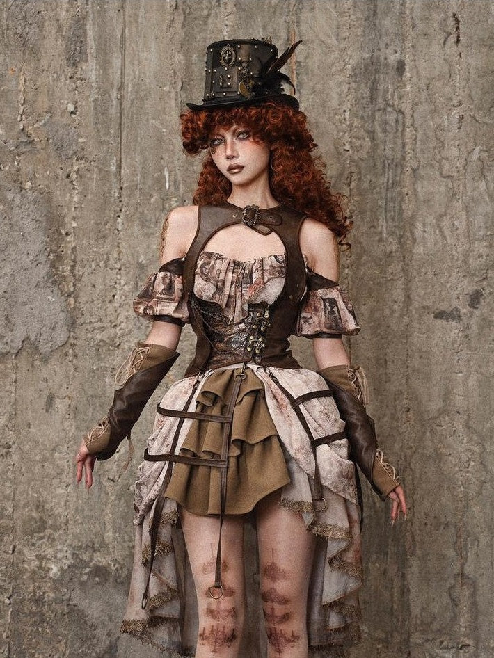 BLOOD SUPPLY Birdcage Steampunk Retro Design Women's Distressed Pu Corsets
