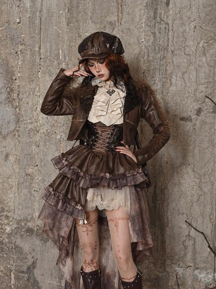 BLOOD SUPPLY Asymmetric Steampunk Tie Pu Bustier Detachable Train Women's Jsk / Jumper Skirts