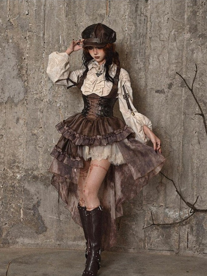 BLOOD SUPPLY Distressed Jacquard Ruffle Stand Collar Women's Cotton Linen Long Sleeve Blouses
