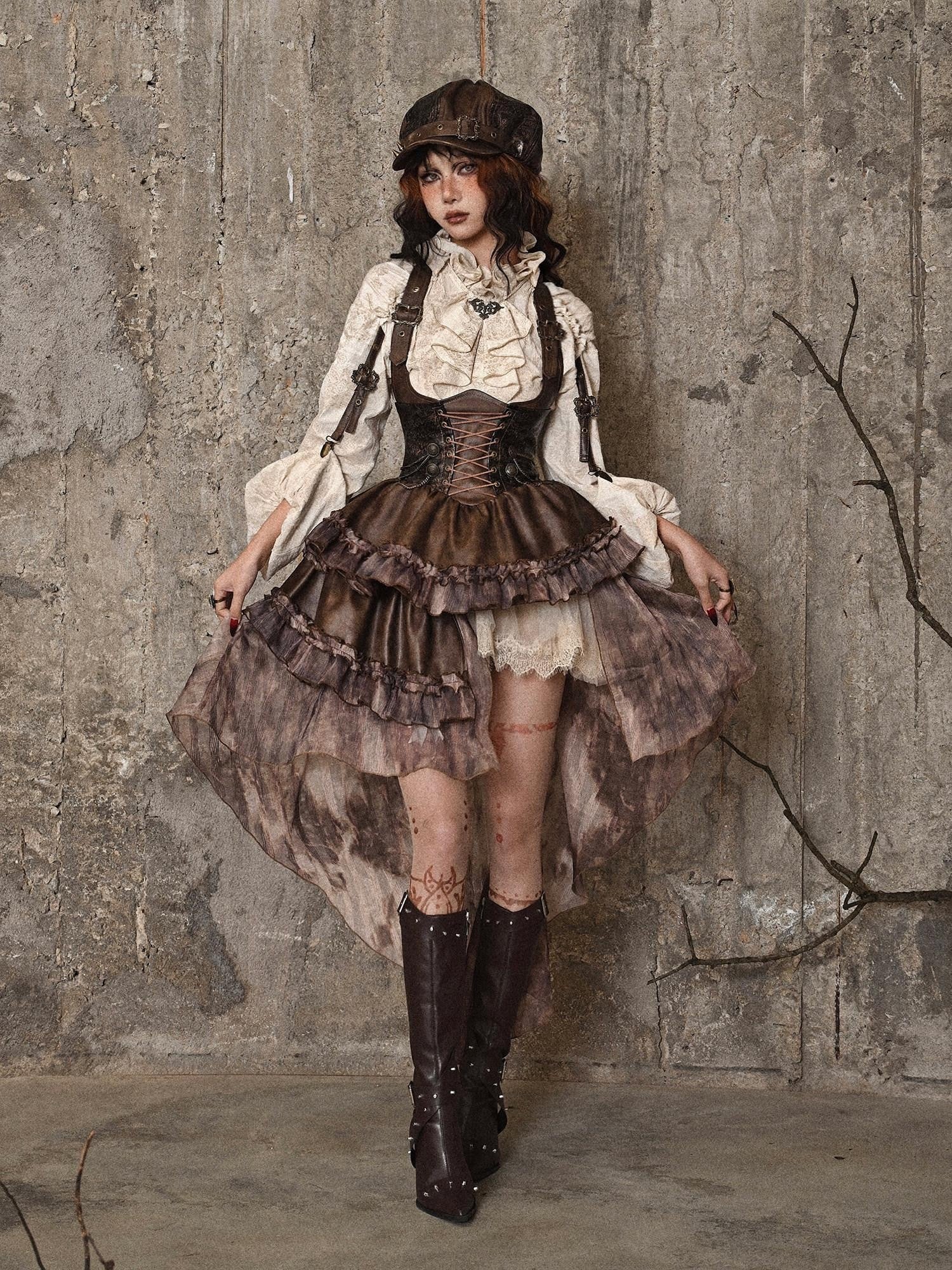 BLOOD SUPPLY Asymmetric Steampunk Tie Pu Bustier Detachable Train Women's Jsk / Jumper Skirts