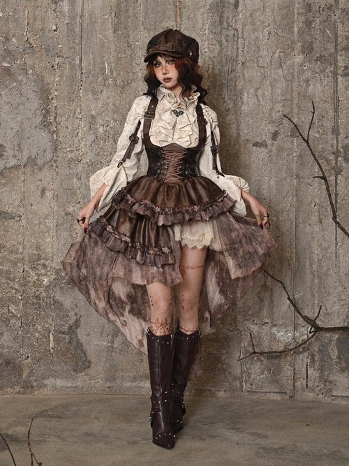 BLOOD SUPPLY Asymmetric Steampunk Tie Pu Bustier Detachable Train Women's Jsk / Jumper Skirts