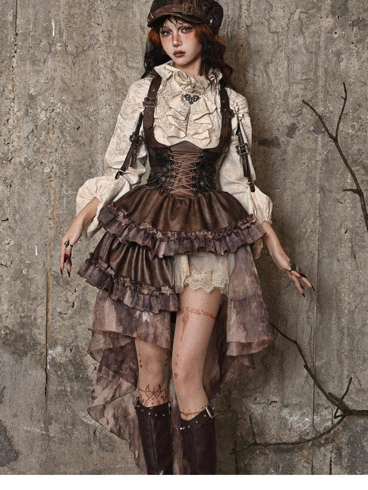 BLOOD SUPPLY Asymmetric Steampunk Tie Pu Bustier Detachable Train Women's Jsk / Jumper Skirts