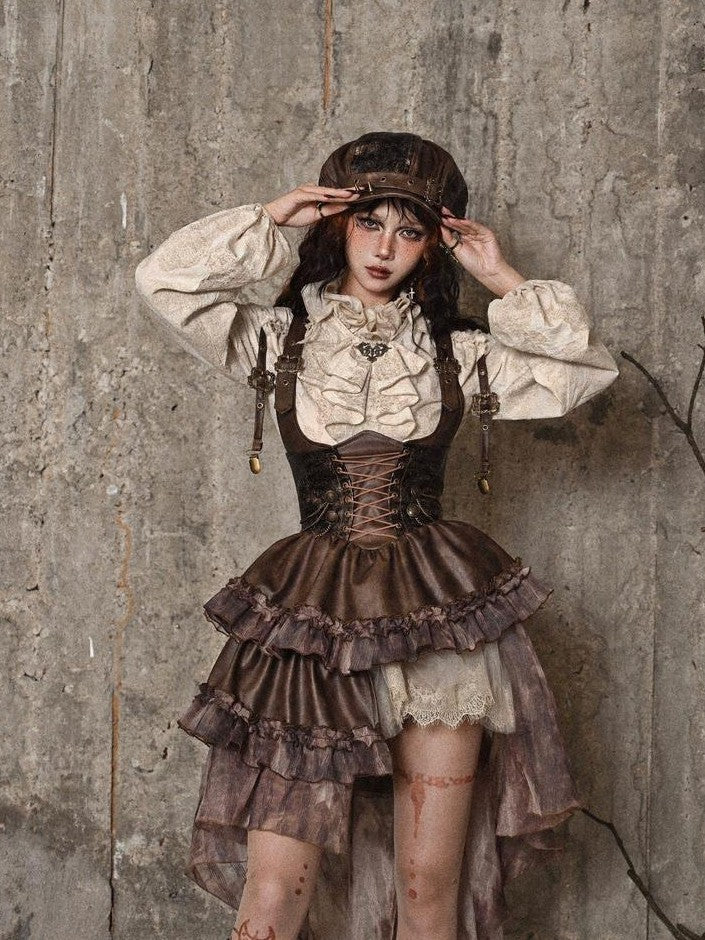 BLOOD SUPPLY Asymmetric Steampunk Tie Pu Bustier Detachable Train Women's Jsk / Jumper Skirts
