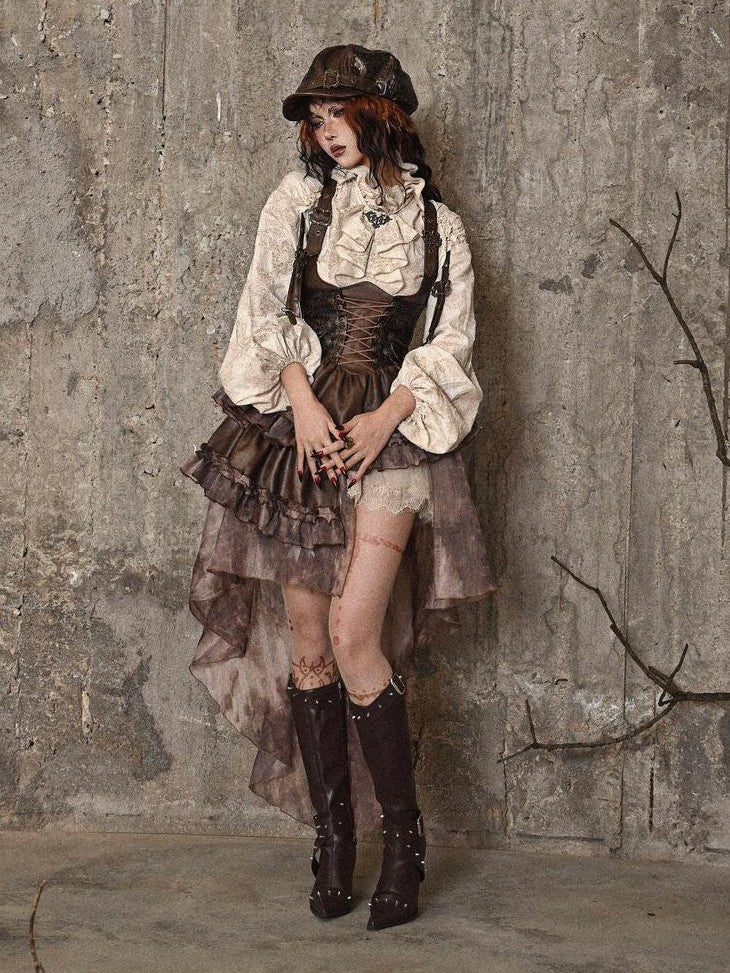 BLOOD SUPPLY Asymmetric Steampunk Tie Pu Bustier Detachable Train Women's Jsk / Jumper Skirts