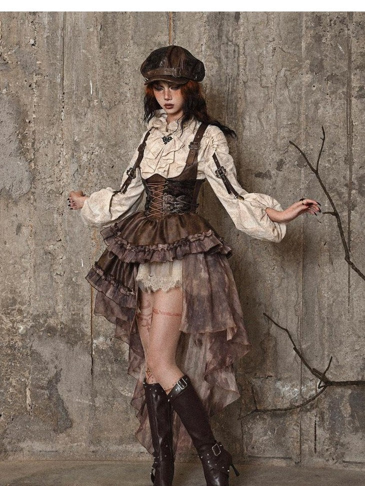 BLOOD SUPPLY Asymmetric Steampunk Tie Pu Bustier Detachable Train Women's Jsk / Jumper Skirts