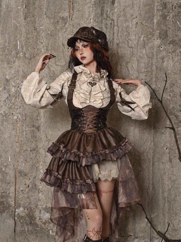 BLOOD SUPPLY Asymmetric Steampunk Tie Pu Bustier Detachable Train Women's Jsk / Jumper Skirts