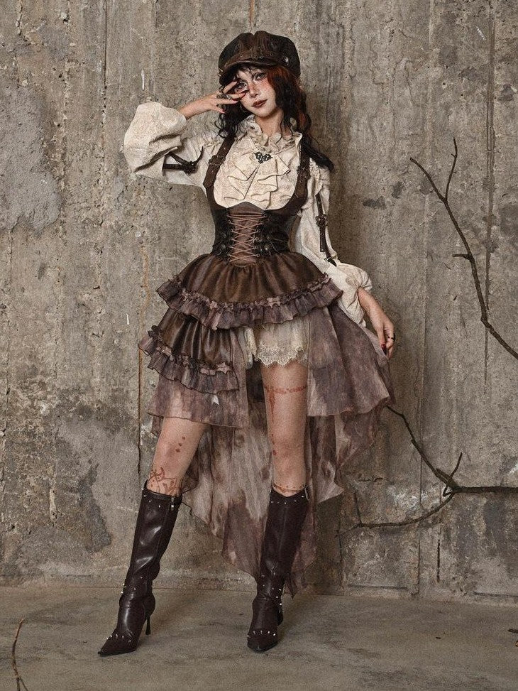 BLOOD SUPPLY Asymmetric Steampunk Tie Pu Bustier Detachable Train Women's Jsk / Jumper Skirts