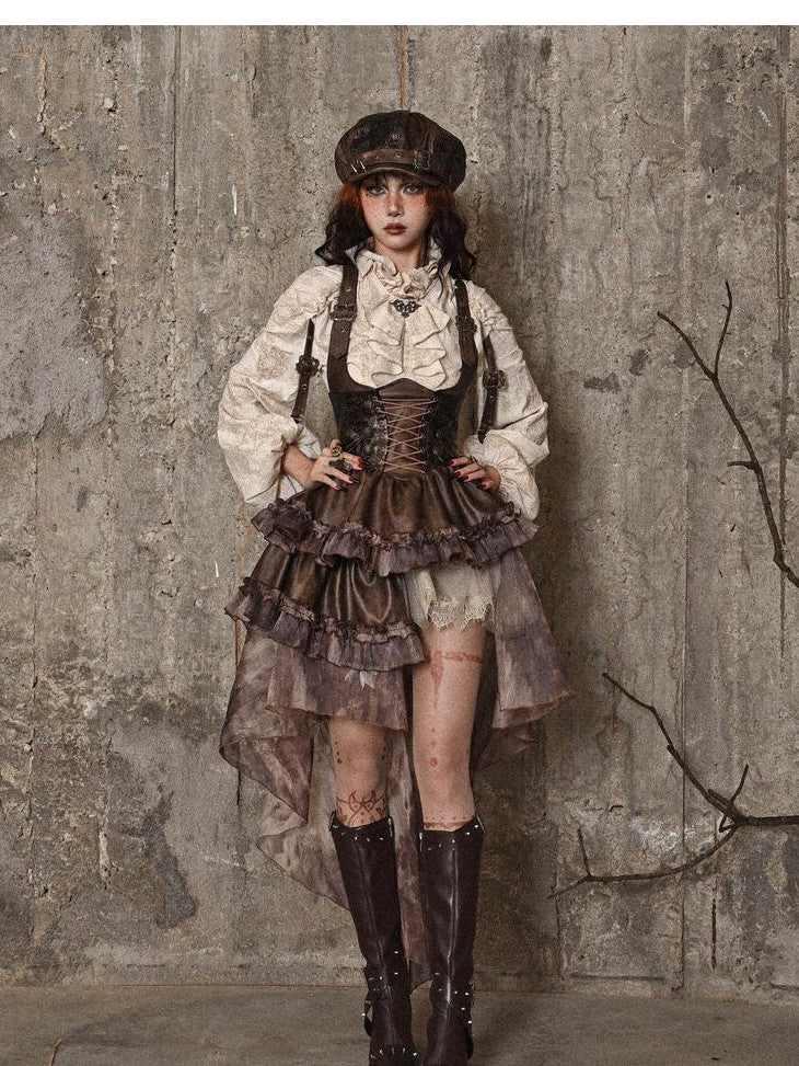 BLOOD SUPPLY Asymmetric Steampunk Tie Pu Bustier Detachable Train Women's Jsk / Jumper Skirts