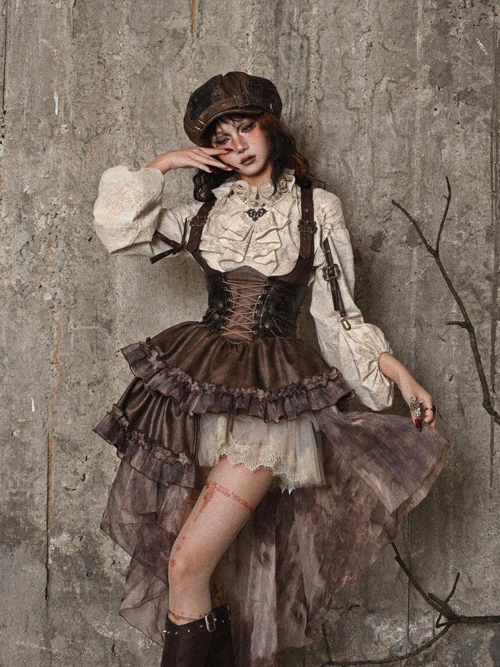BLOOD SUPPLY Asymmetric Steampunk Tie Pu Bustier Detachable Train Women's Jsk / Jumper Skirts
