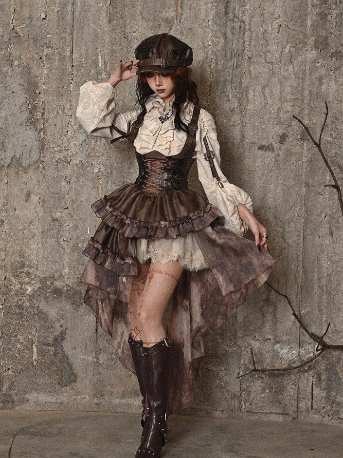 BLOOD SUPPLY Asymmetric Steampunk Tie Pu Bustier Detachable Train Women's Jsk / Jumper Skirts
