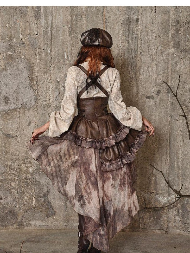 BLOOD SUPPLY Asymmetric Steampunk Tie Pu Bustier Detachable Train Women's Jsk / Jumper Skirts