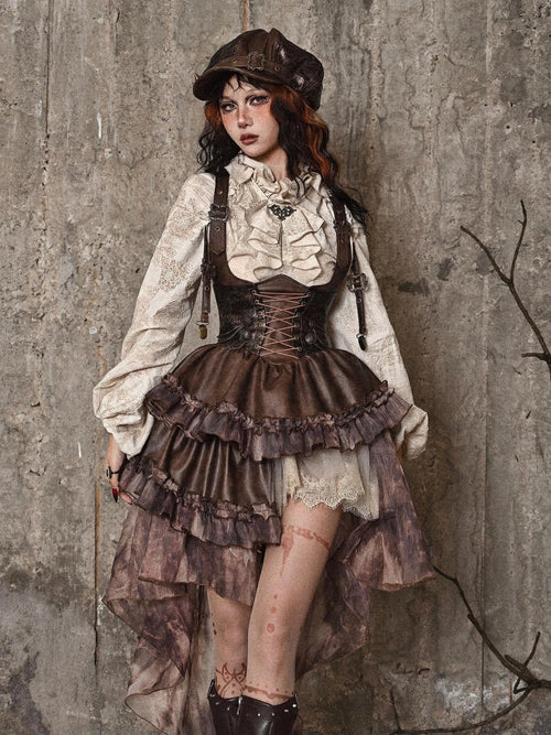 BLOOD SUPPLY Asymmetric Steampunk Tie Pu Bustier Detachable Train Women's Jsk / Jumper Skirts