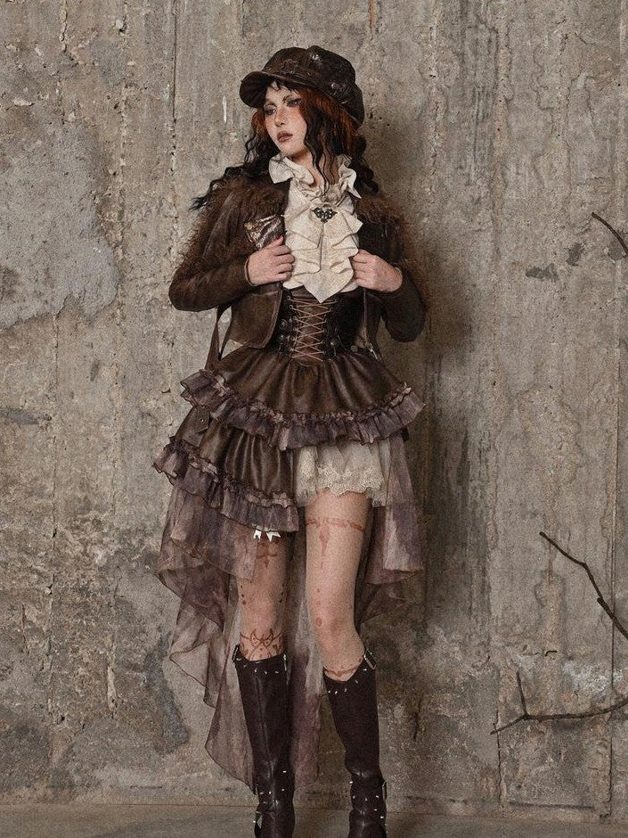 BLOOD SUPPLY Asymmetric Steampunk Tie Pu Bustier Detachable Train Women's Jsk / Jumper Skirts