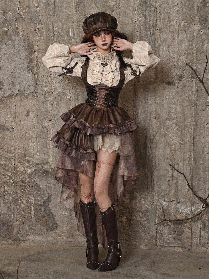 BLOOD SUPPLY Asymmetric Steampunk Tie Pu Bustier Detachable Train Women's Jsk / Jumper Skirts