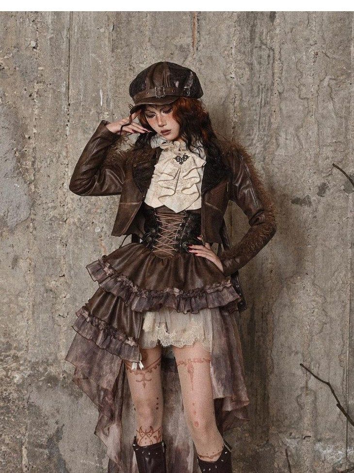 BLOOD SUPPLY Asymmetric Steampunk Tie Pu Bustier Detachable Train Women's Jsk / Jumper Skirts
