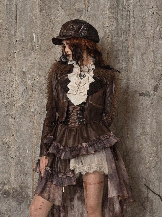 BLOOD SUPPLY Asymmetric Steampunk Tie Pu Bustier Detachable Train Women's Jsk / Jumper Skirts