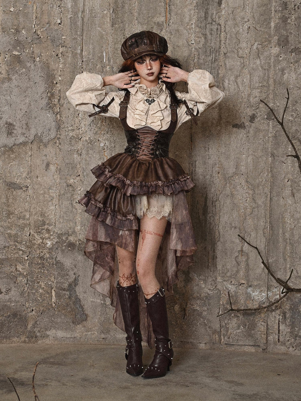 BLOOD SUPPLY Asymmetric Steampunk Tie Pu Bustier Detachable Train Women's Jsk / Jumper Skirts