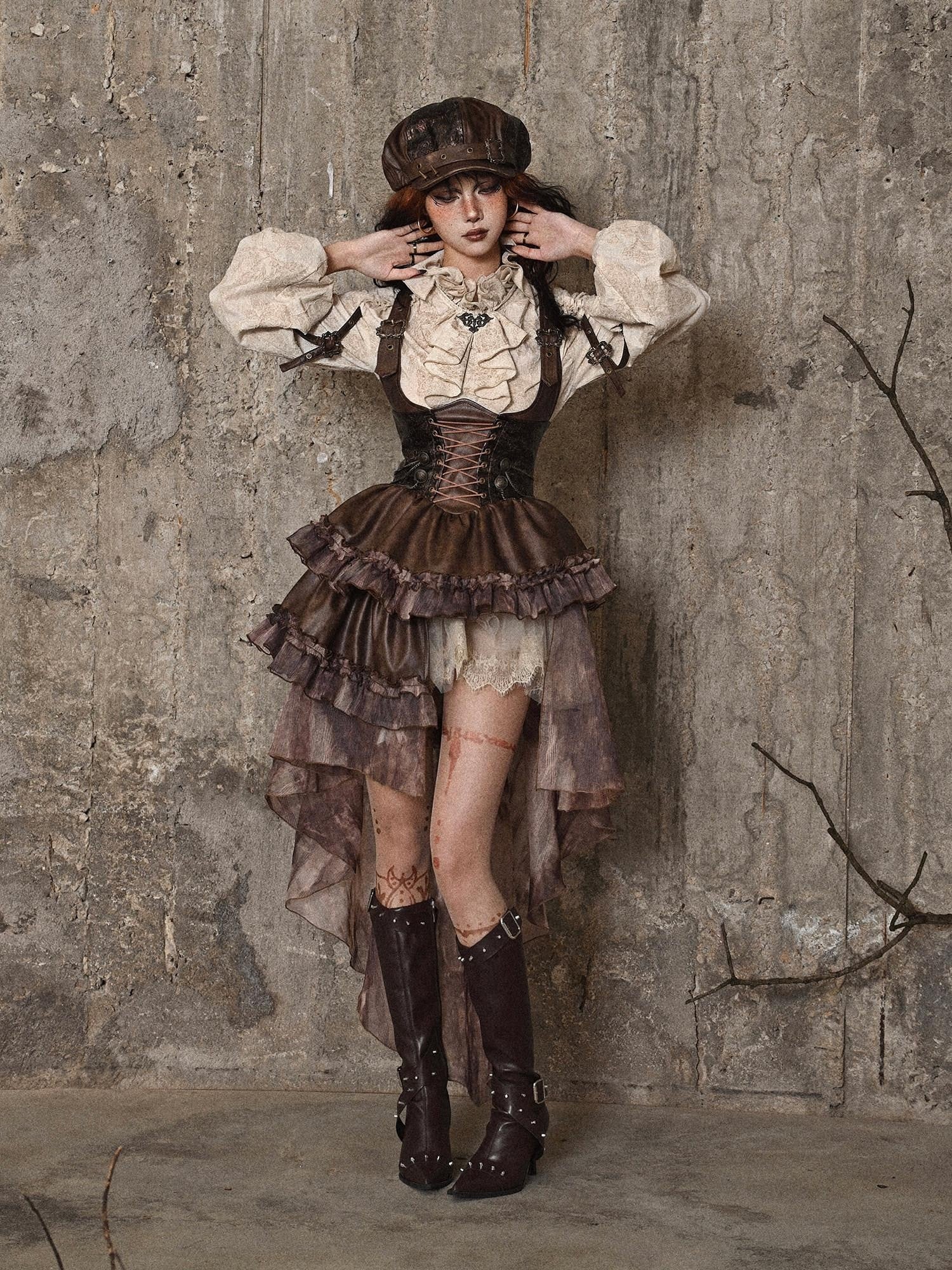 BLOOD SUPPLY Asymmetric Steampunk Tie Pu Bustier Detachable Train Women's Jsk / Jumper Skirts