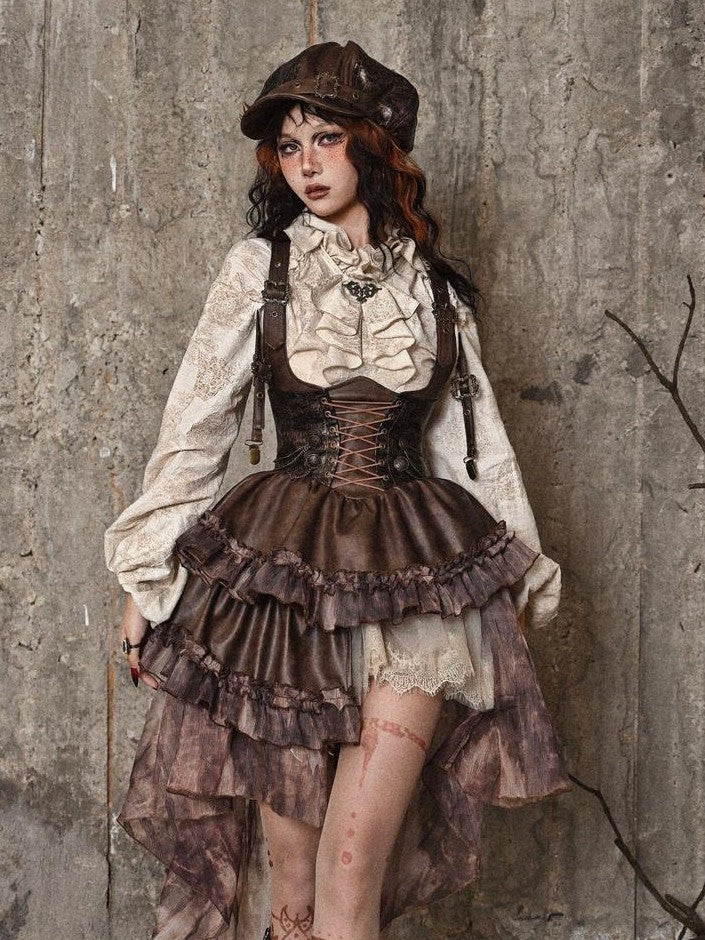 BLOOD SUPPLY Asymmetric Steampunk Tie Pu Bustier Detachable Train Women's Jsk / Jumper Skirts