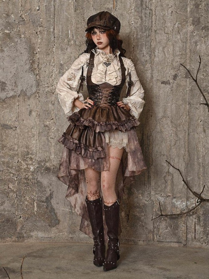 BLOOD SUPPLY Asymmetric Steampunk Tie Pu Bustier Detachable Train Women's Jsk / Jumper Skirts