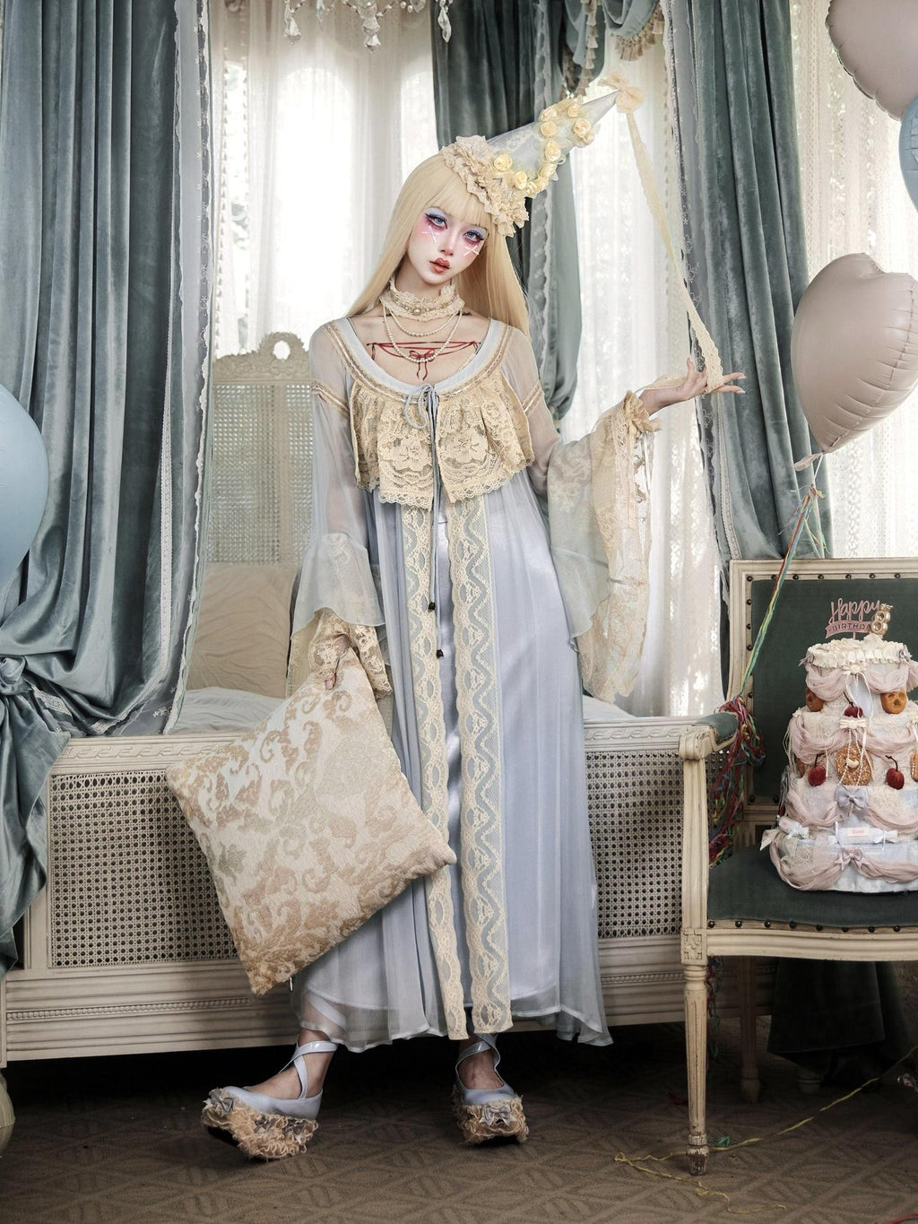 BLOOD SUPPLY Baby Blue French Rococo Vintage Doll Lace Women's Polyester Long Cardigans