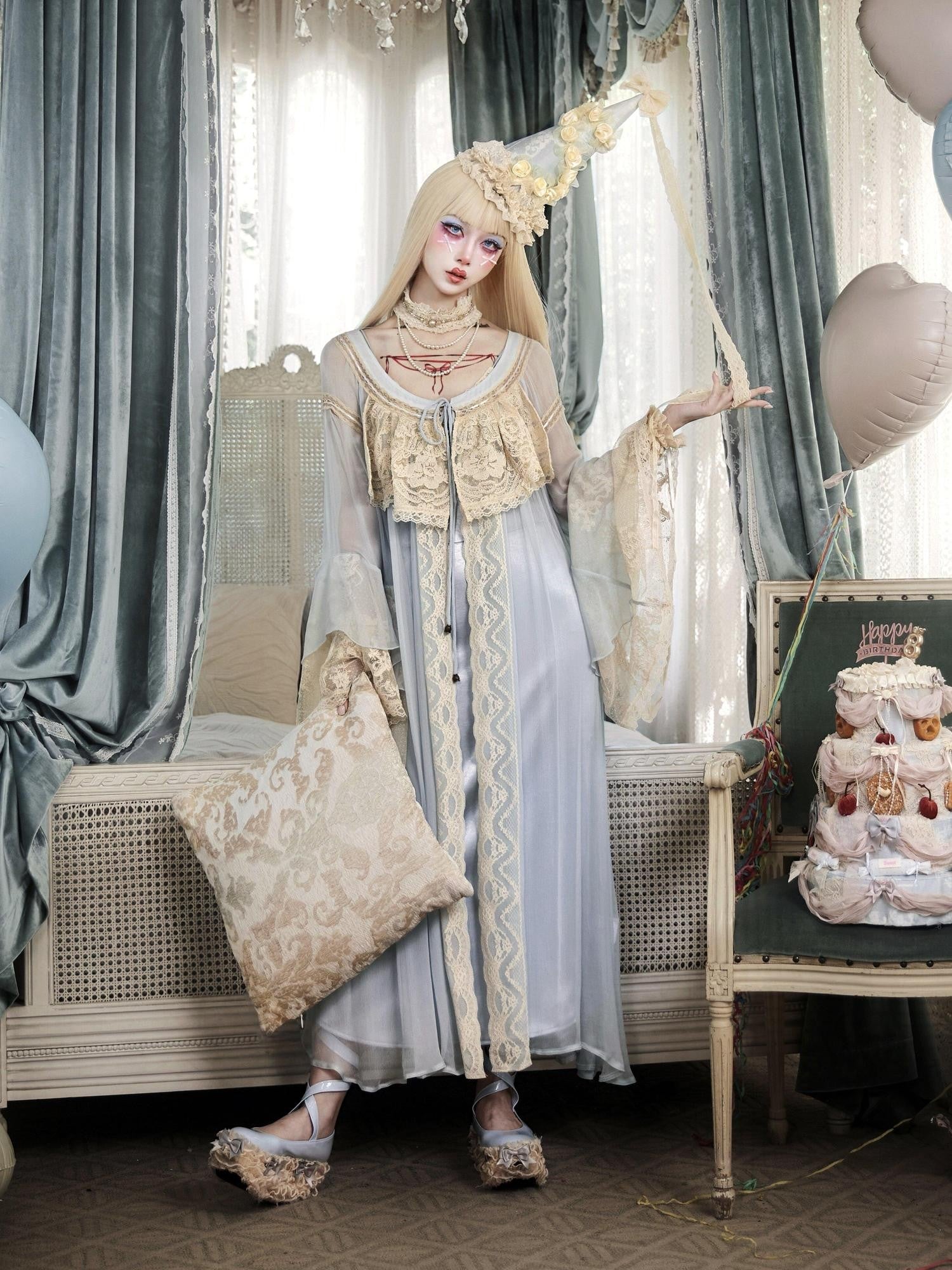 BLOOD SUPPLY Baby Blue French Rococo Vintage Doll Lace Women's Polyester Long Cardigans