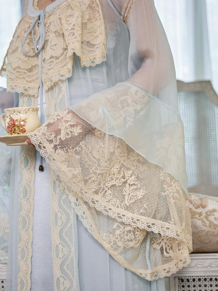 BLOOD SUPPLY Baby Blue French Rococo Vintage Doll Lace Women's Polyester Long Cardigans