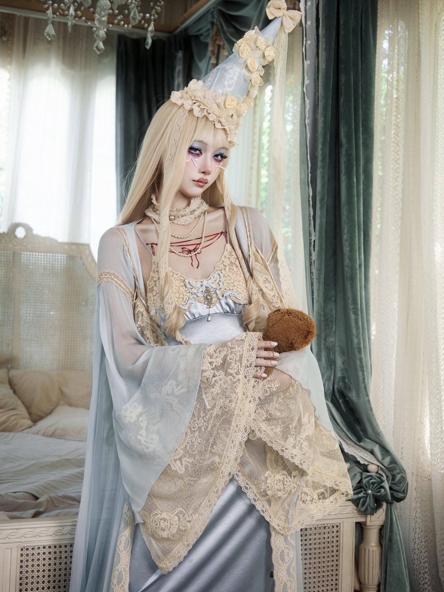 BLOOD SUPPLY Baby Blue French Rococo Vintage Doll Lace Women's Polyester Long Cardigans