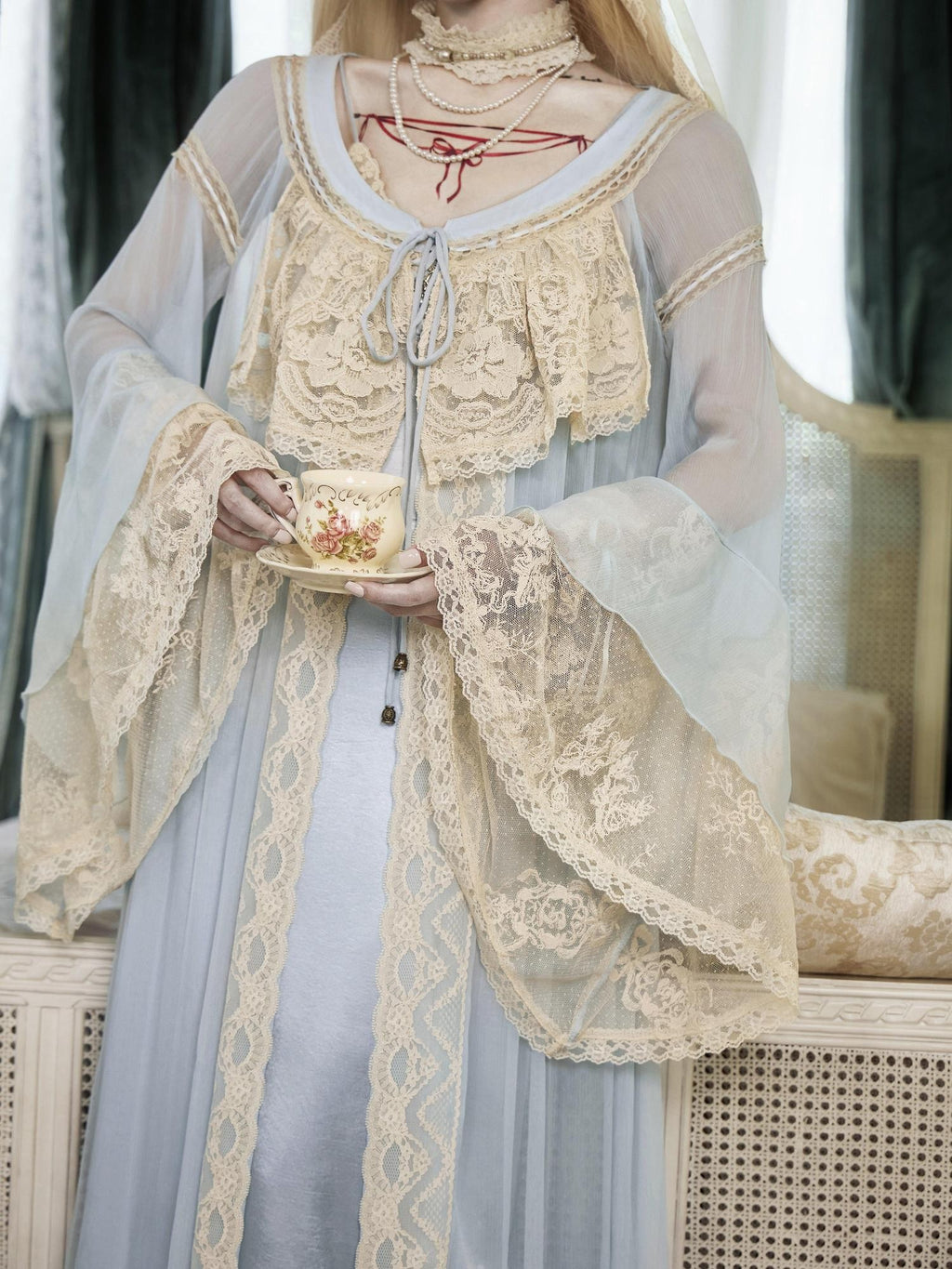 BLOOD SUPPLY Baby Blue French Rococo Vintage Doll Lace Women's Polyester Long Cardigans