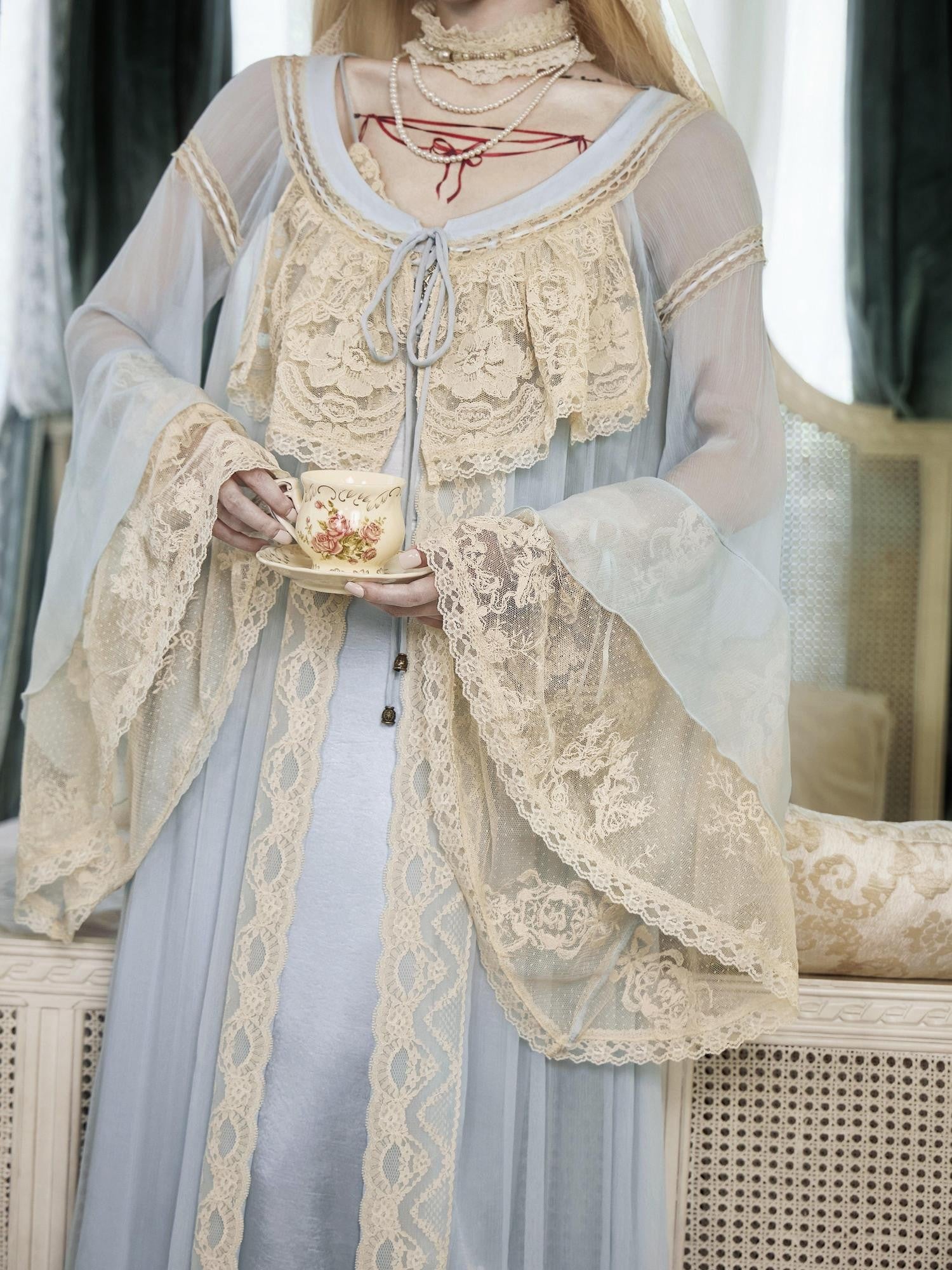 BLOOD SUPPLY Baby Blue French Rococo Vintage Doll Lace Women's Polyester Long Cardigans
