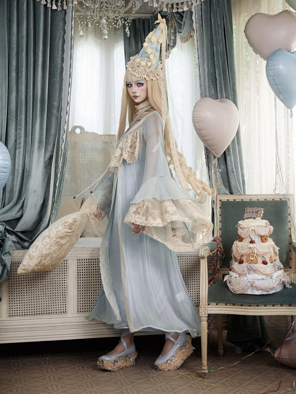 BLOOD SUPPLY Baby Blue French Rococo Vintage Doll Lace Women's Polyester Long Cardigans