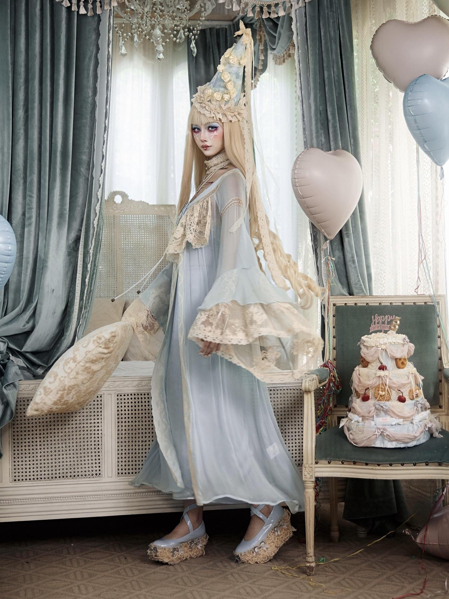 BLOOD SUPPLY Baby Blue French Rococo Vintage Doll Lace Women's Polyester Long Cardigans