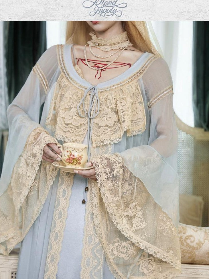 BLOOD SUPPLY Baby Blue French Rococo Vintage Doll Lace Women's Polyester Long Cardigans
