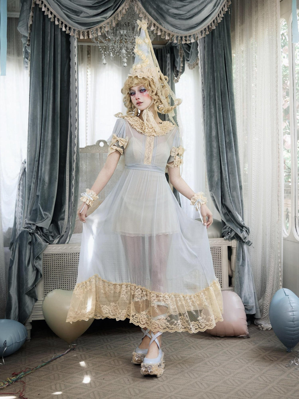 BLOOD SUPPLY Baby Blue Rococo Lace Bow Doll Women's Polyester Short Sleeve Op