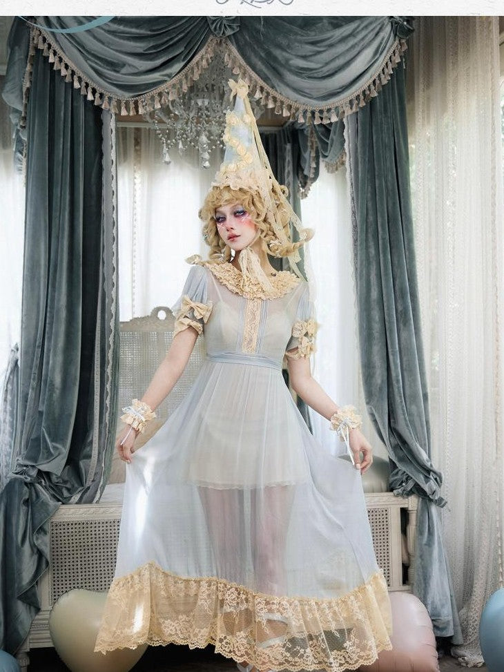 BLOOD SUPPLY Baby Blue Rococo Lace Bow Doll Women's Polyester Short Sleeve Op