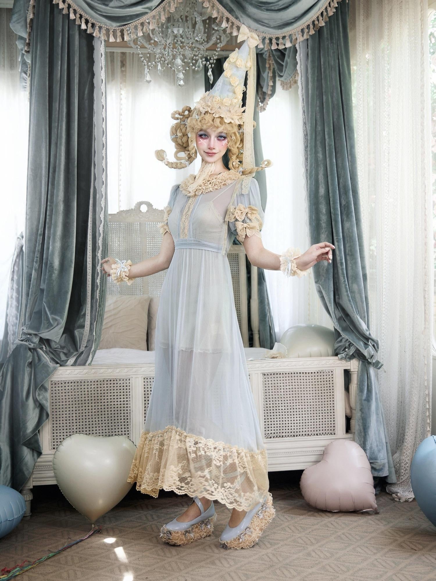 BLOOD SUPPLY Baby Blue Rococo Lace Bow Doll Women's Polyester Short Sleeve Op