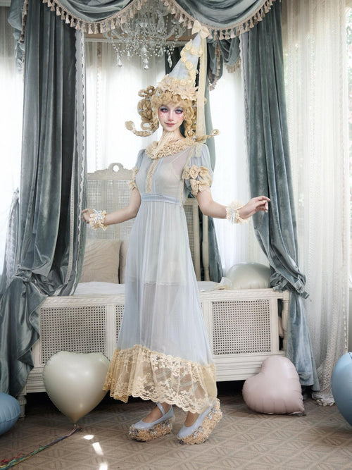 BLOOD SUPPLY Baby Blue Rococo Lace Bow Doll Women's Polyester Short Sleeve Op