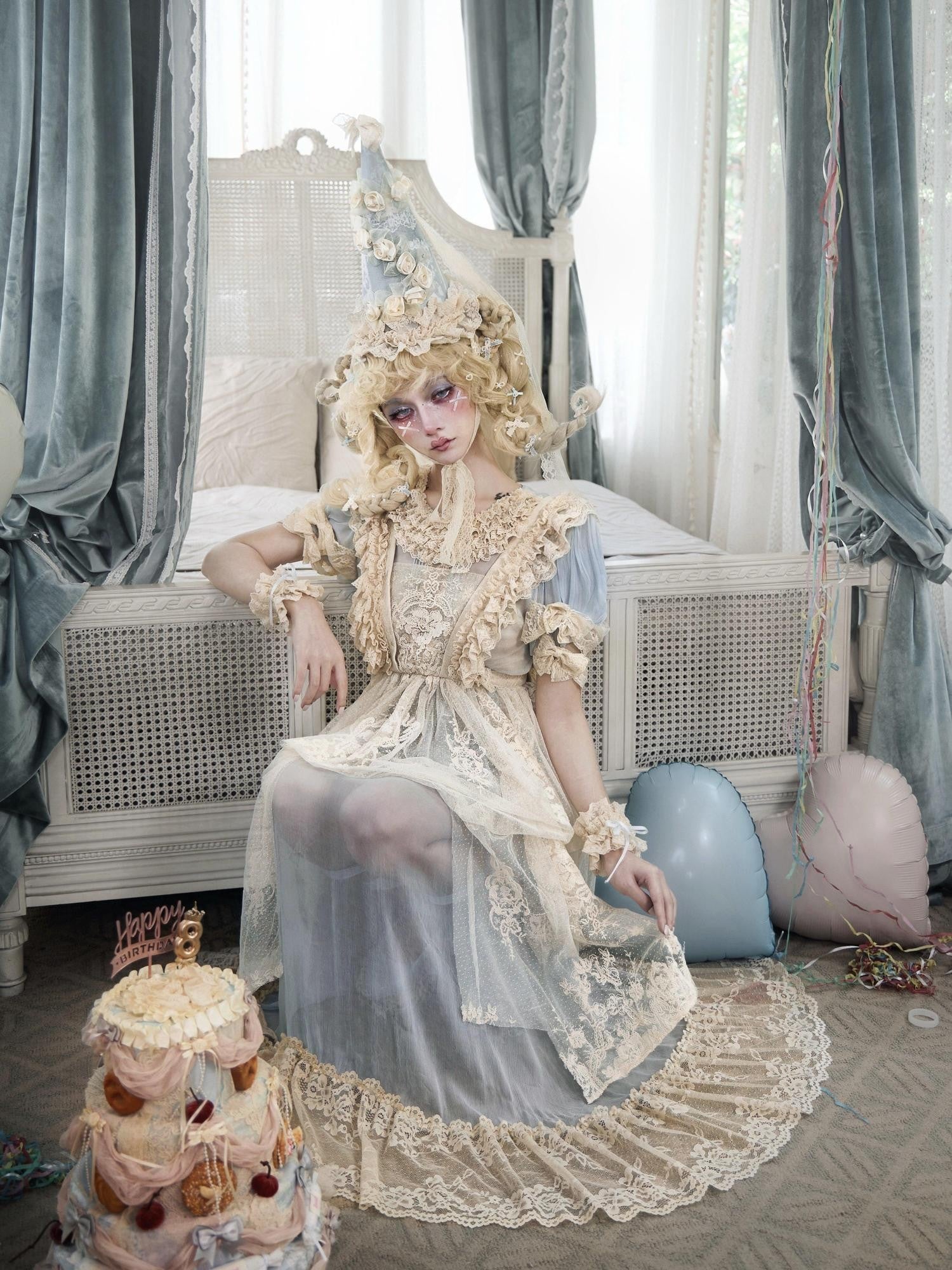 BLOOD SUPPLY Baby Blue Rococo Lace Bow Doll Women's Polyester Short Sleeve Op