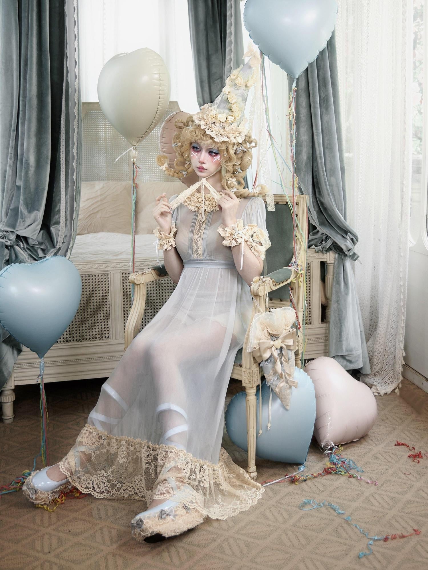 BLOOD SUPPLY Baby Blue Rococo Lace Bow Doll Women's Polyester Short Sleeve Op