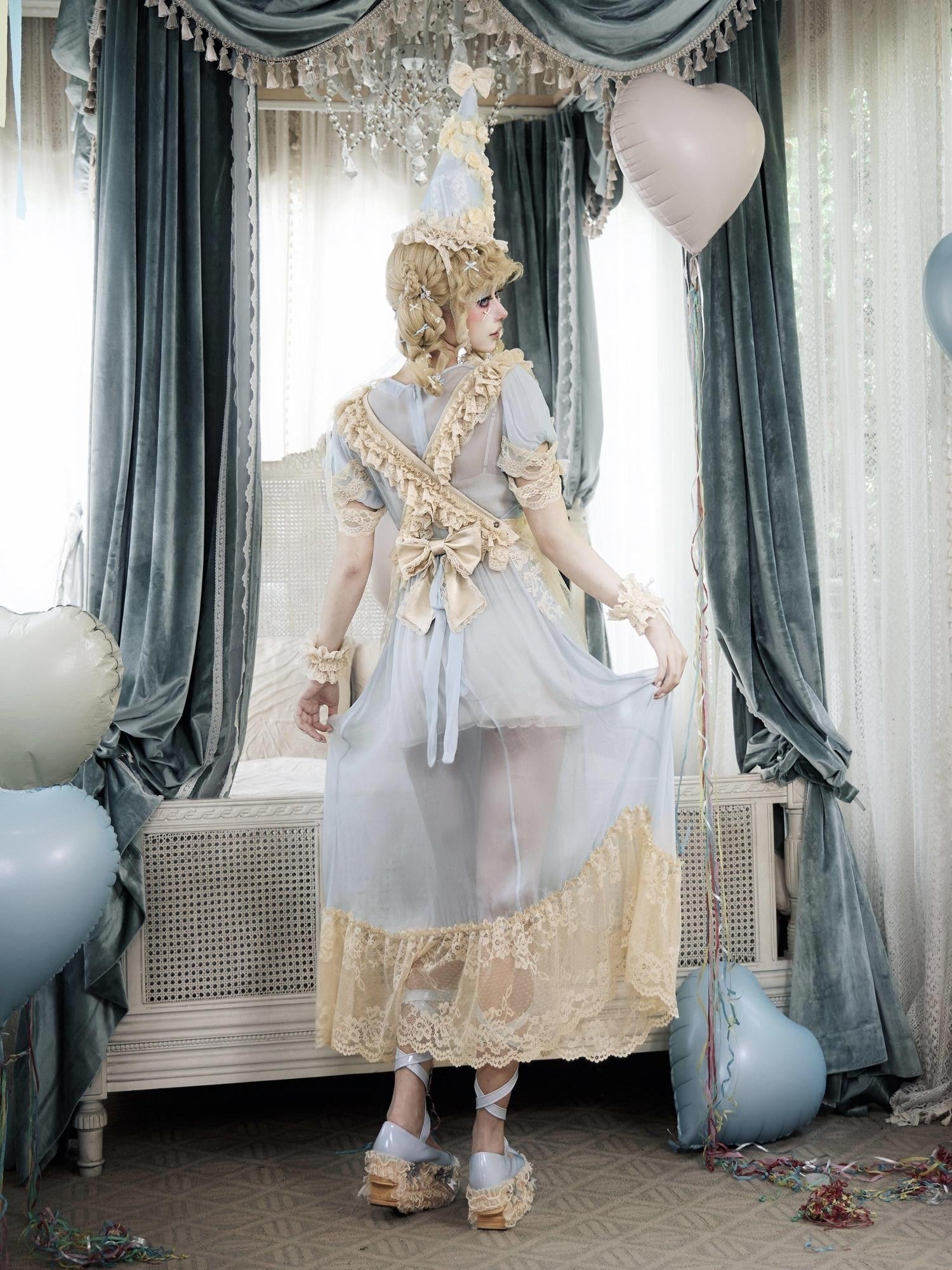 BLOOD SUPPLY Baby Blue Rococo Lace Bow Doll Women's Polyester Short Sleeve Op