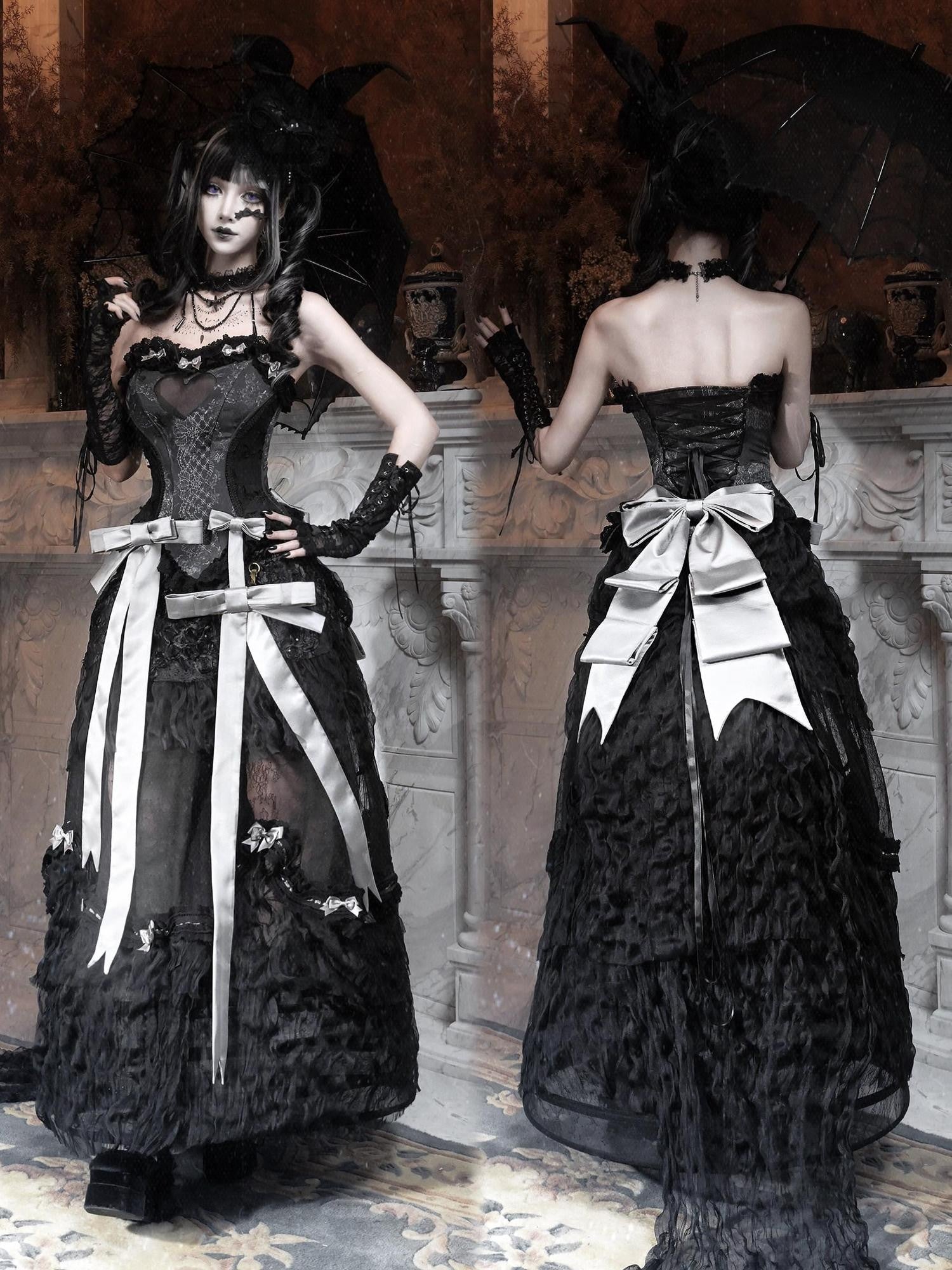 BLOOD SUPPLY Basel Gothic Bow Train Princess Women's Lace Polyester Patchwork Skirts