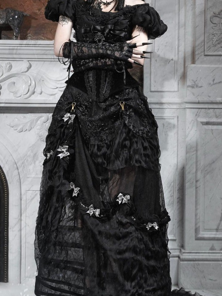BLOOD SUPPLY Basel Gothic Bow Train Princess Women's Lace Polyester Patchwork Skirts
