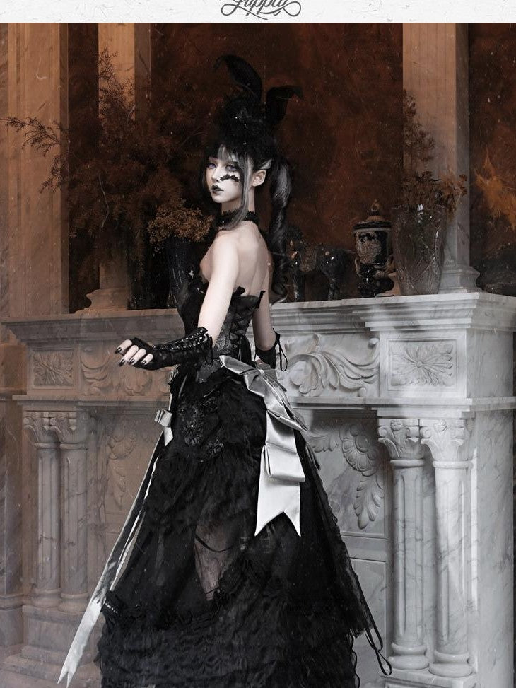 BLOOD SUPPLY Basel Gothic Bow Train Princess Women's Lace Polyester Patchwork Skirts