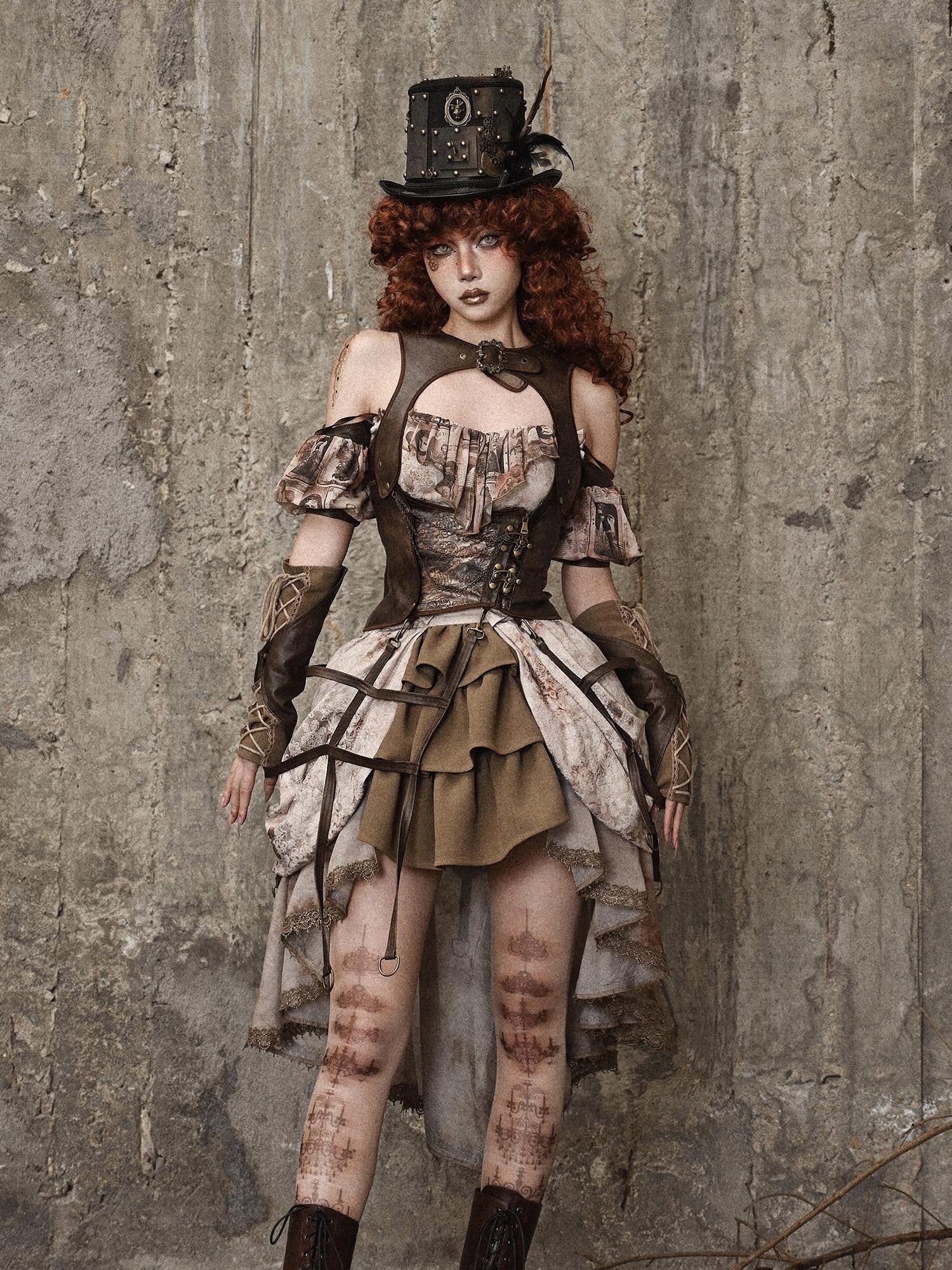 BLOOD SUPPLY Birdcage Steampunk Retro Design Women's Distressed Pu Corsets