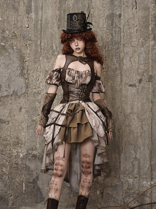 BLOOD SUPPLY Birdcage Steampunk Retro Design Women's Distressed Pu Corsets