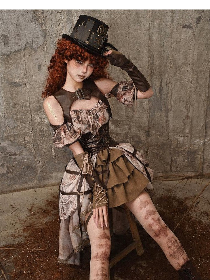 BLOOD SUPPLY Birdcage Steampunk Retro Design Women's Distressed Pu Corsets