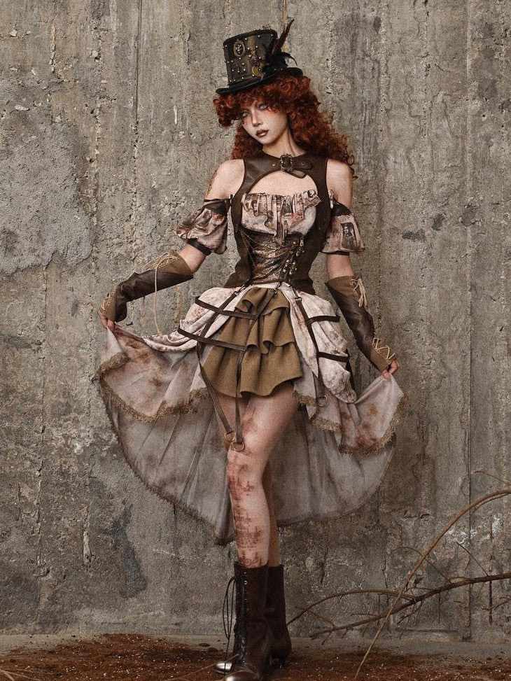 BLOOD SUPPLY Birdcage Steampunk Retro Design Women's Distressed Pu Corsets