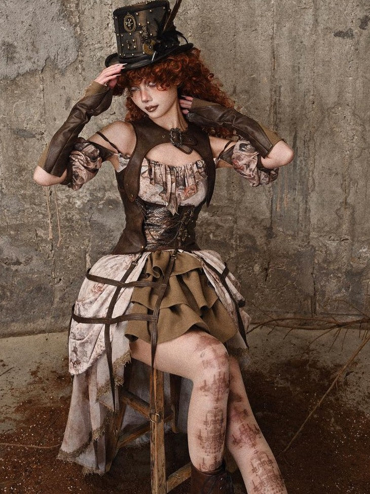 BLOOD SUPPLY Birdcage Steampunk Retro Design Women's Distressed Pu Corsets